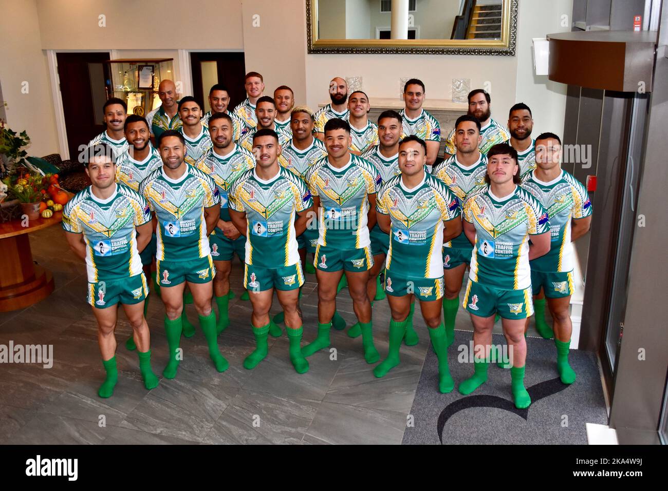 Cook Islands Rugby League World Cup 2021 squad. Pictured at their base camp at Rockliffe Hall, Darlington, UK. Stock Photo