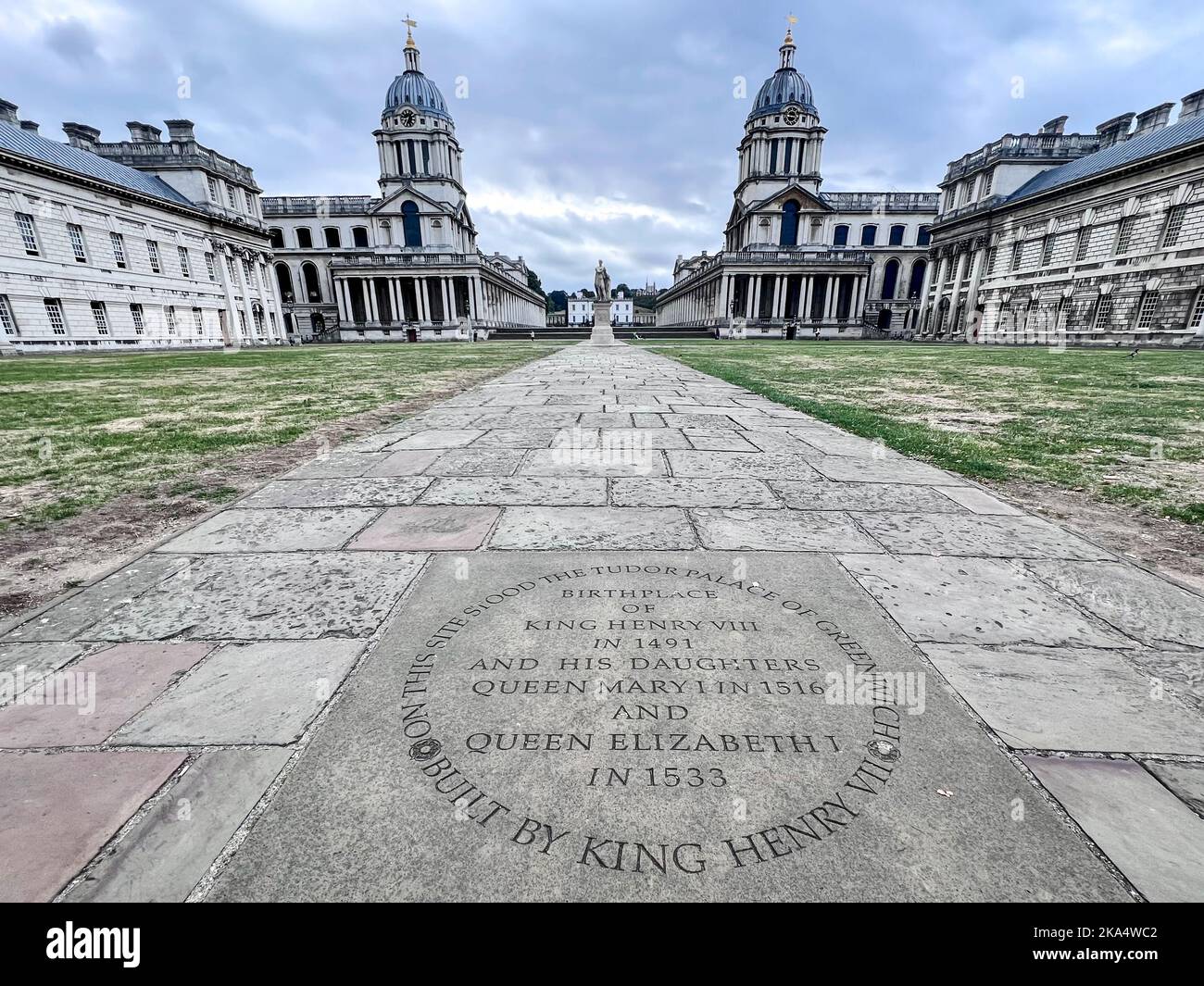 Royal inscription on footpath, Old Royal Naval College, Greenwich ...