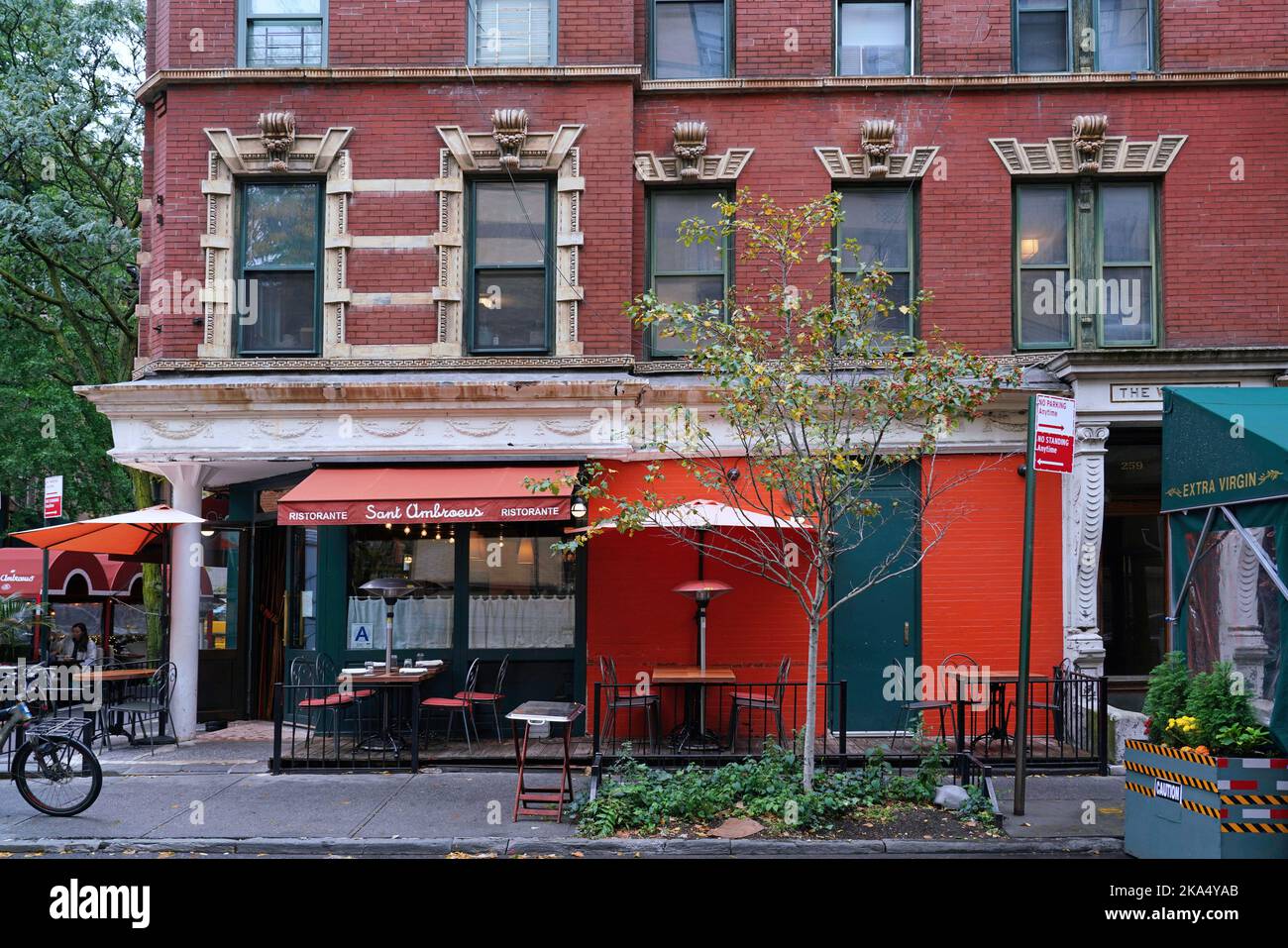 New York, NY - October 2022:  The Greenwich Village area of Manhattan has small independent shops and restaurants in ornate old buildings Stock Photo
