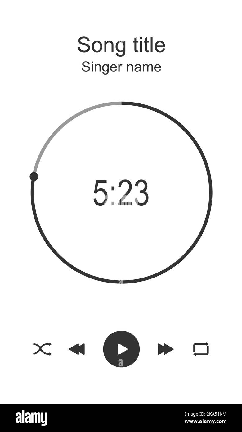 Audioplayer interface with round loading bar, timer, shuffle, rewind, fast forward, play and repeat buttons. Music player playback layout. Song, podcast, stream, radio listening. Vector illustration Stock Vector