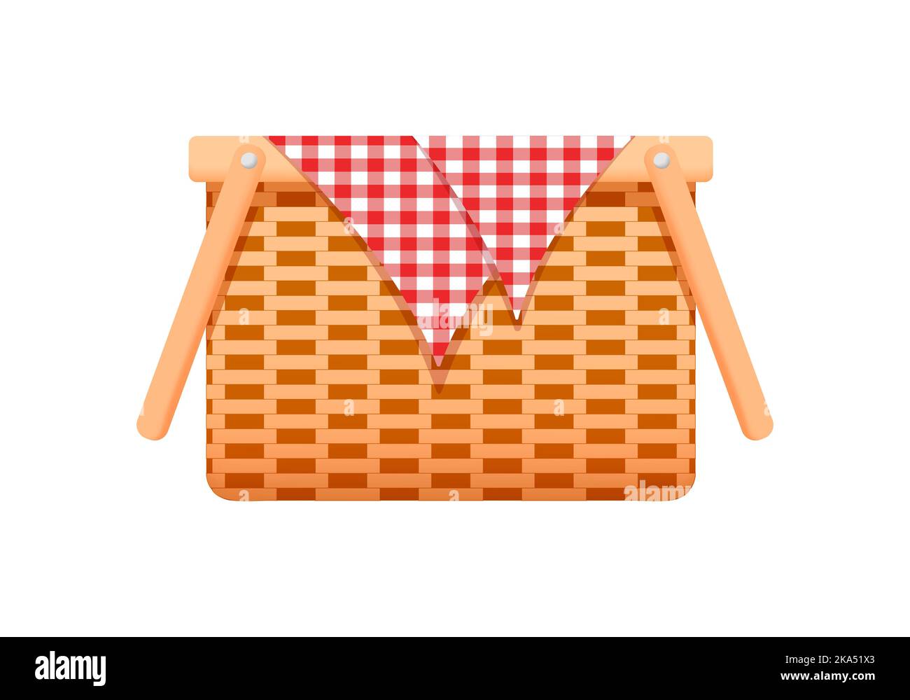 Empty woven basket with gingham picnic blanket. Hand wicker willow or bamboo hamper with handles isolated on white background. Vector cartoon illustration. Stock Vector