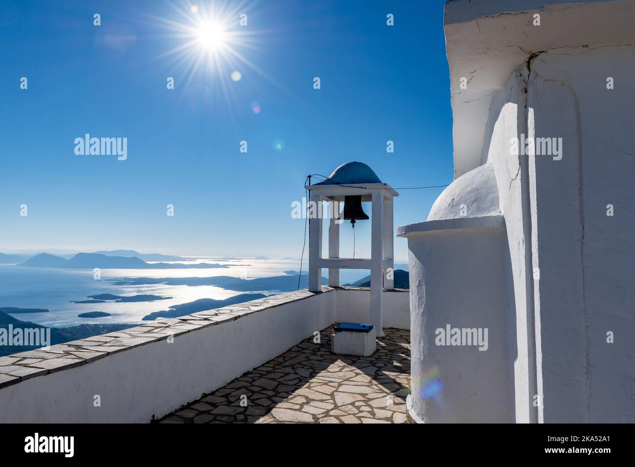 The church of the Prophet Elias situated on the highest point of Lefkada island, Greece. Stock Photo