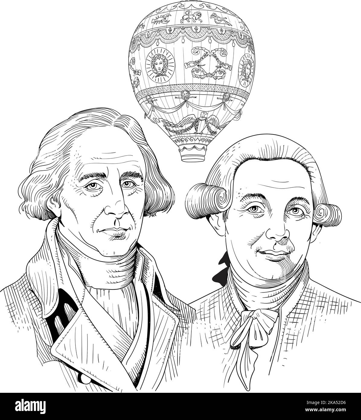 Joseph-Michel Montgolfier and Jacques-Étienne Montgolfier were aviation pioneers, balloonists and paper manufacturers from the commune Annonay in Ardè Stock Vector