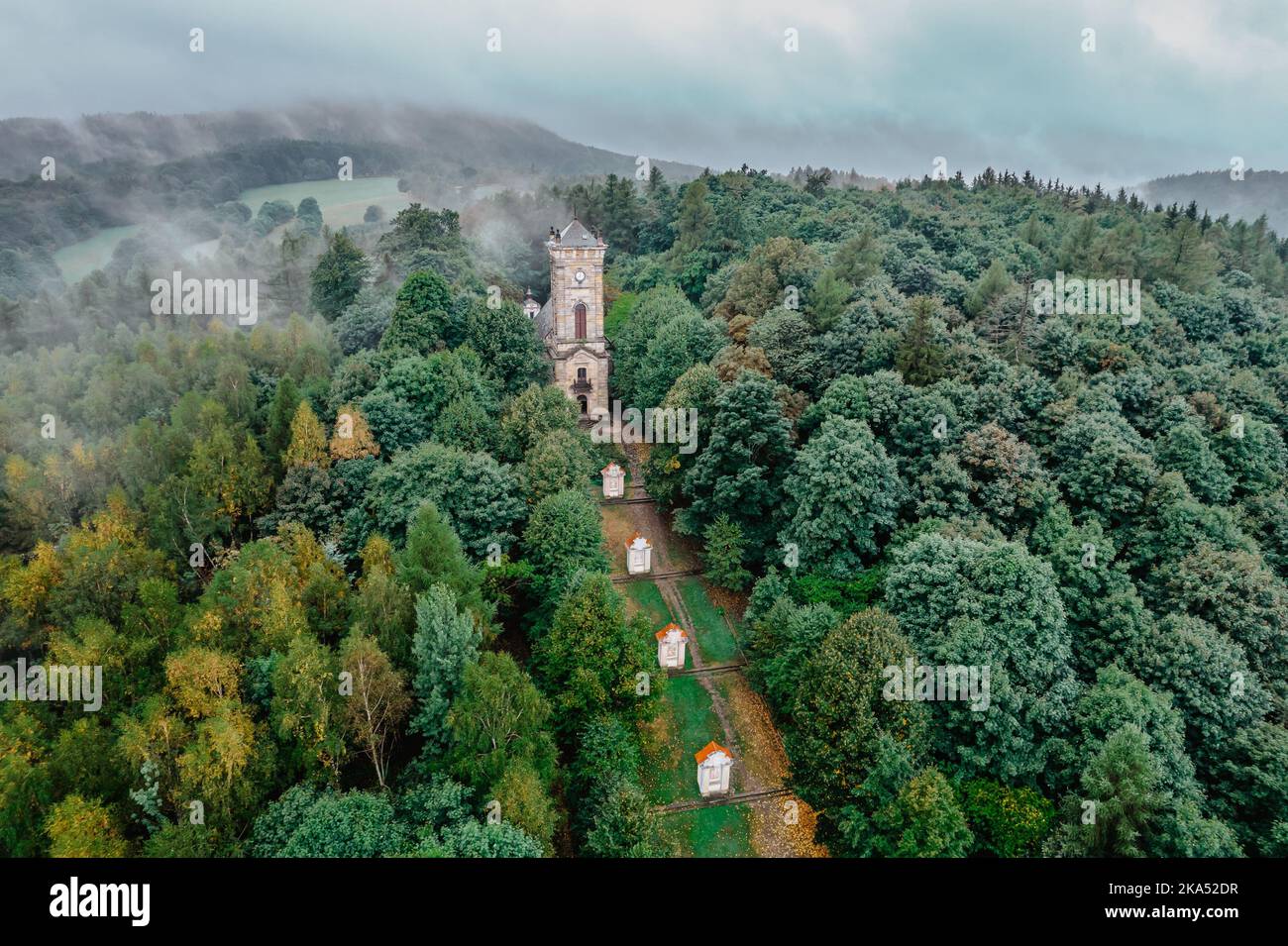 Aerial view of the Way of the Cross,calvary, with 11 chapels all with relief scenes of the saints leads to main chapel,Jiretin pod Jedlovou,Czech Stock Photo