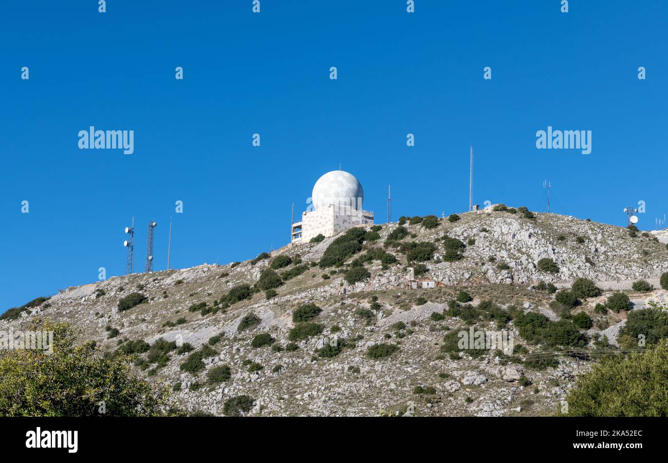 A old abandoned radar station on a mountain top. Stock Photo