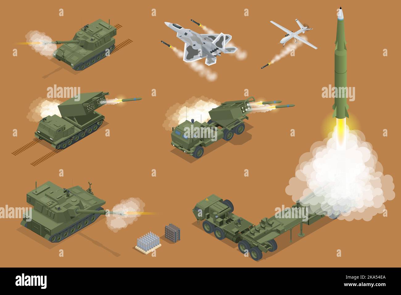 Military war set Isometric rocket salvo fire system on a wheeled landing gear. Rocket artillery. Tactical ballistic missile. Army tractor with a Stock Vector