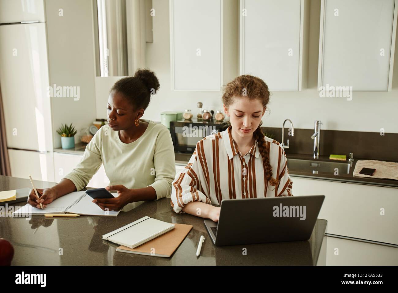 Portrait of two young businesswomen working together in minimal home interior, copy space Stock Photo