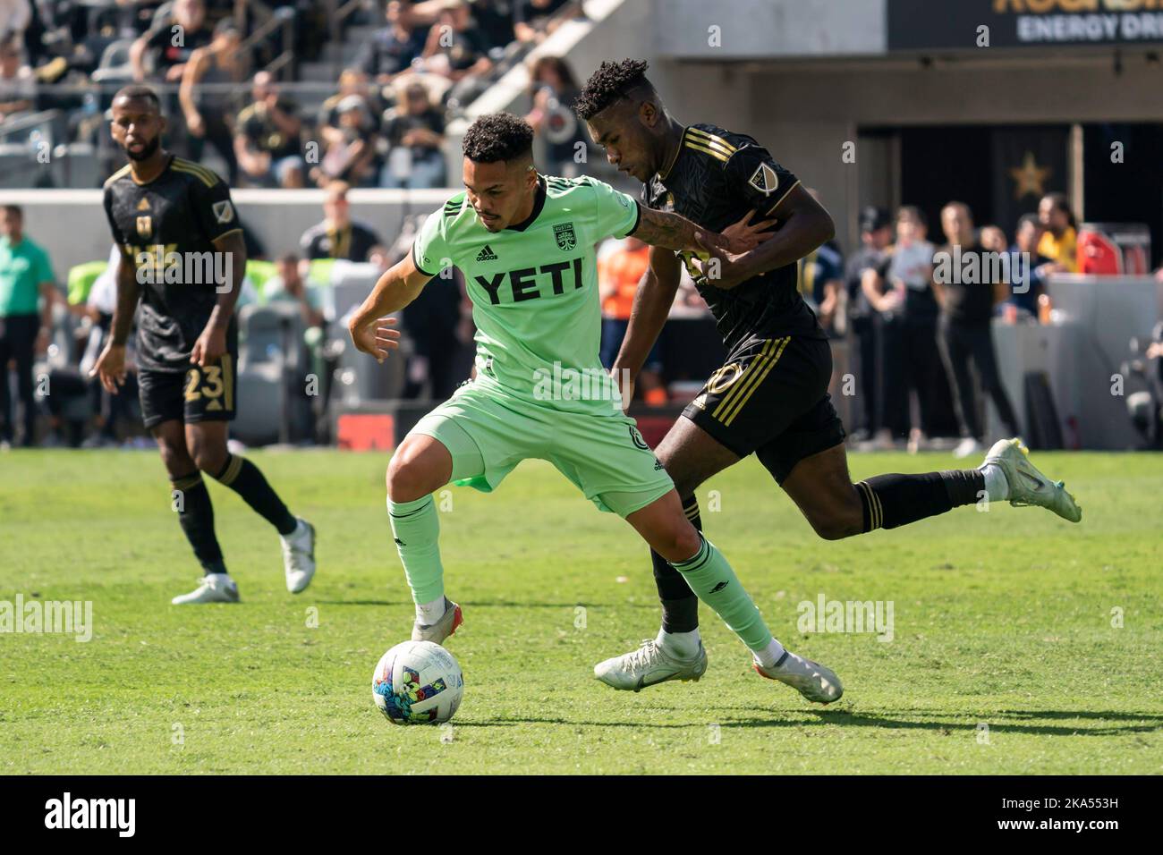 Austin FC midfielder Daniel Pereira (6) is defended by Los Angeles FC midfielder José Cifuentes (20) during the MLS Western Conference Final match, Su Stock Photo