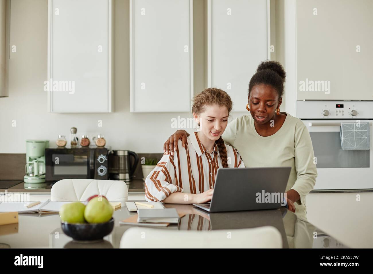 Portrait of two young women using laptop together at home while managing small business, copy space Stock Photo