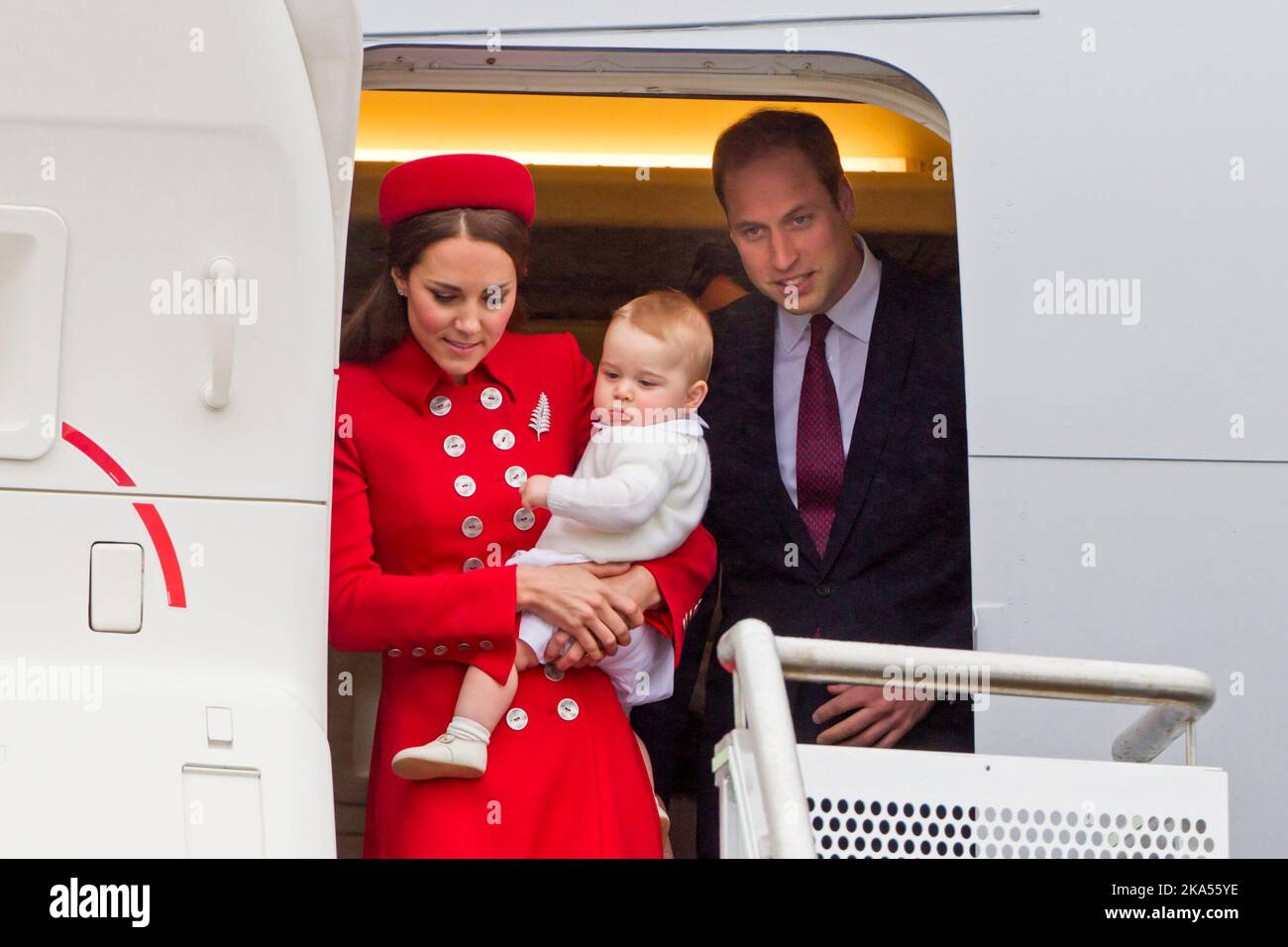 The Duke and Duchess of Cambridge with Prince George arrive at Wellington Military Terminal, Wellington, New Zealand, Monday, April 07, 2014. Stock Photo