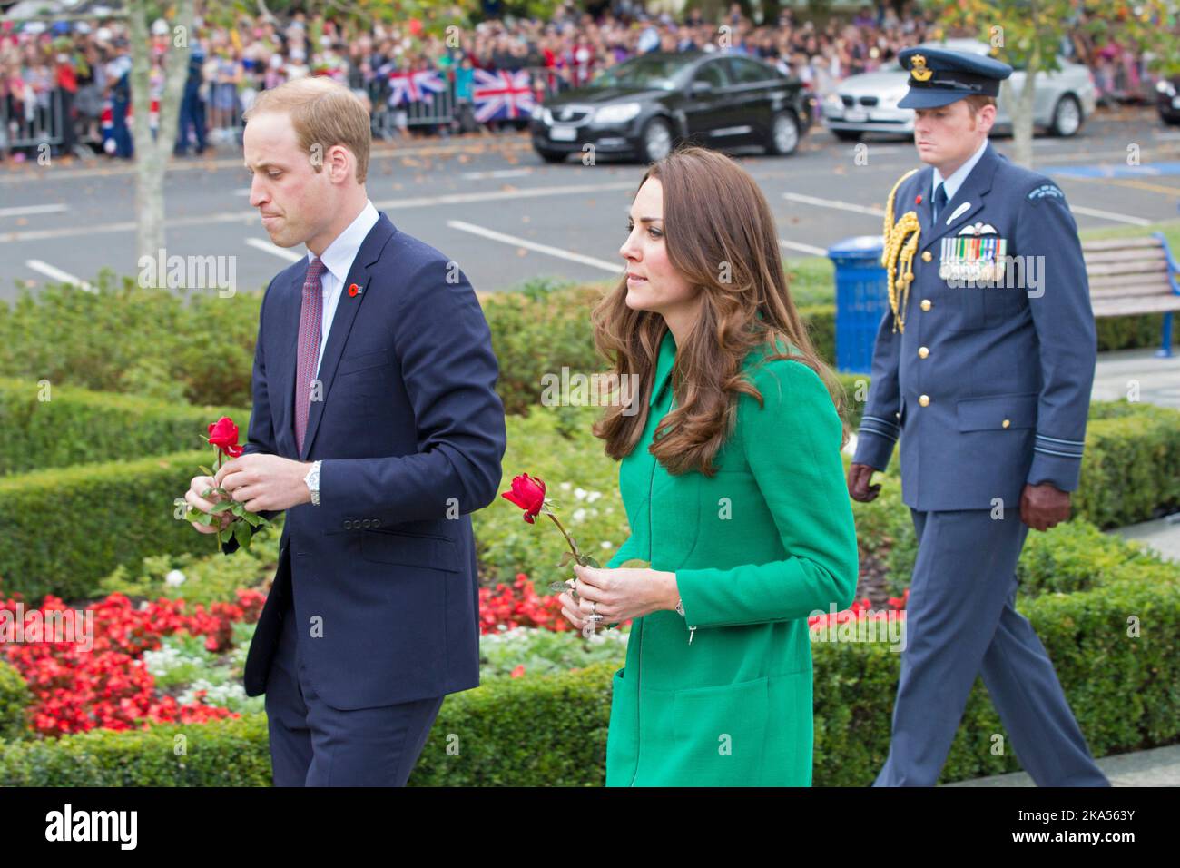 The Duke and Duchess of Cambridge place two roses on the War Memorial, Cambridge, New Zealand, Saturday, April 12, 2014. Stock Photo