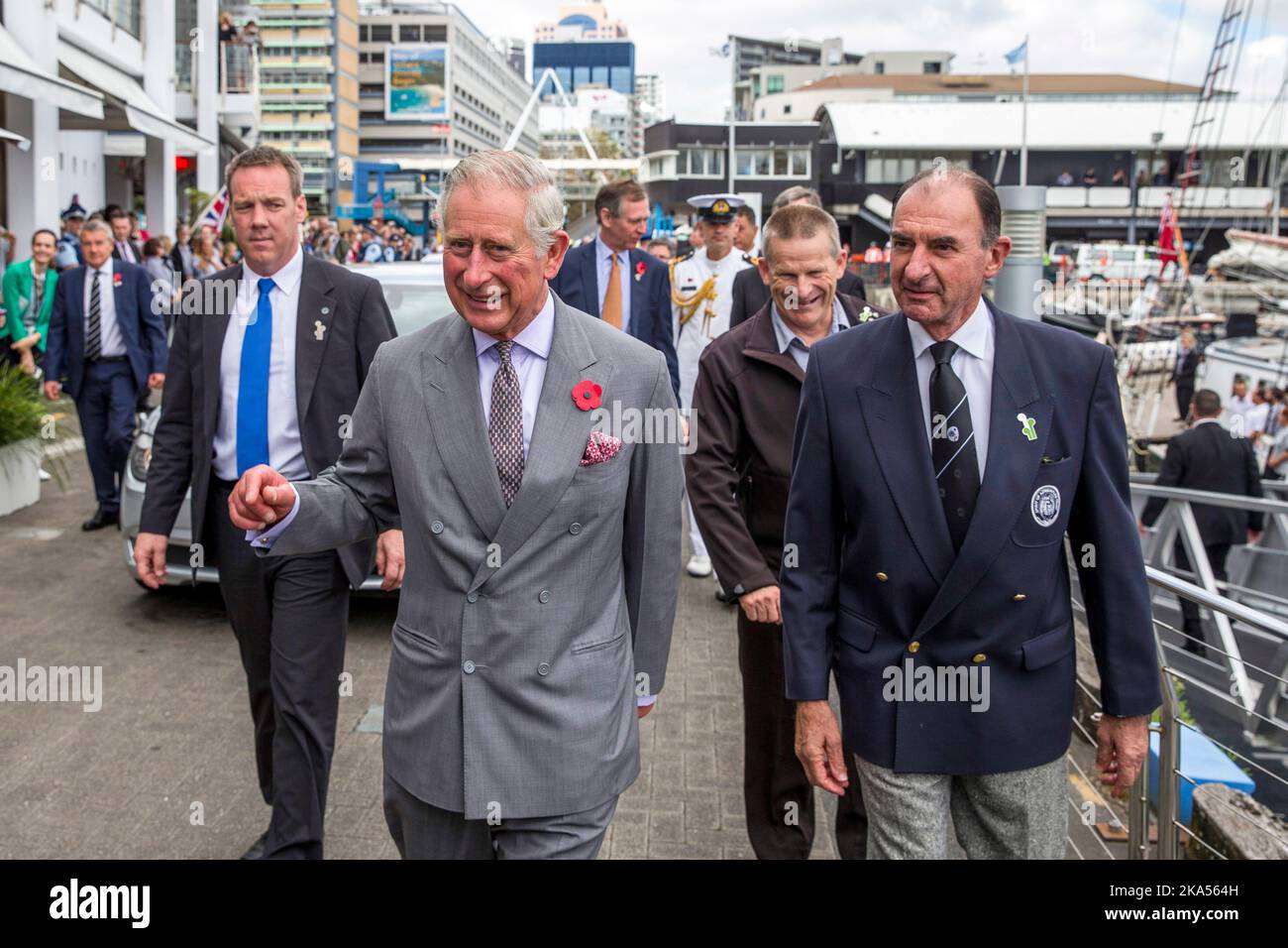 The Prince of Wales arrives to visit the New Zealand Youth Training Vessel, Spirit of New Zealand, Princes Wharf, New Zealand, Stock Photo