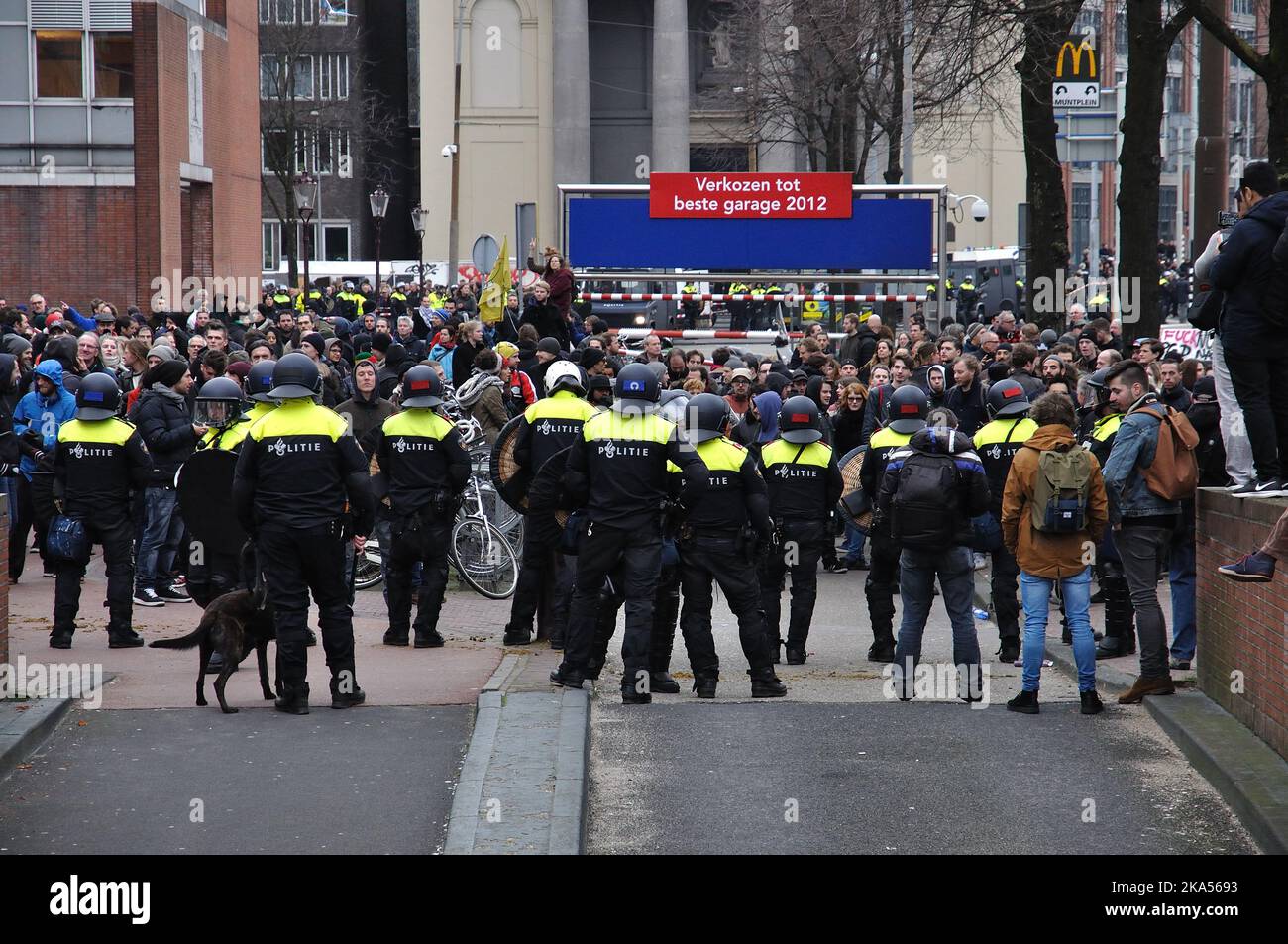 02-06-2016.Amsterdam,The Netherlands.Anti islam movement 'Pegida' protesting. Left wing counter-protesters tried to disrupt,but were stopped by riot police.Over 20 arrests were made. Stock Photo