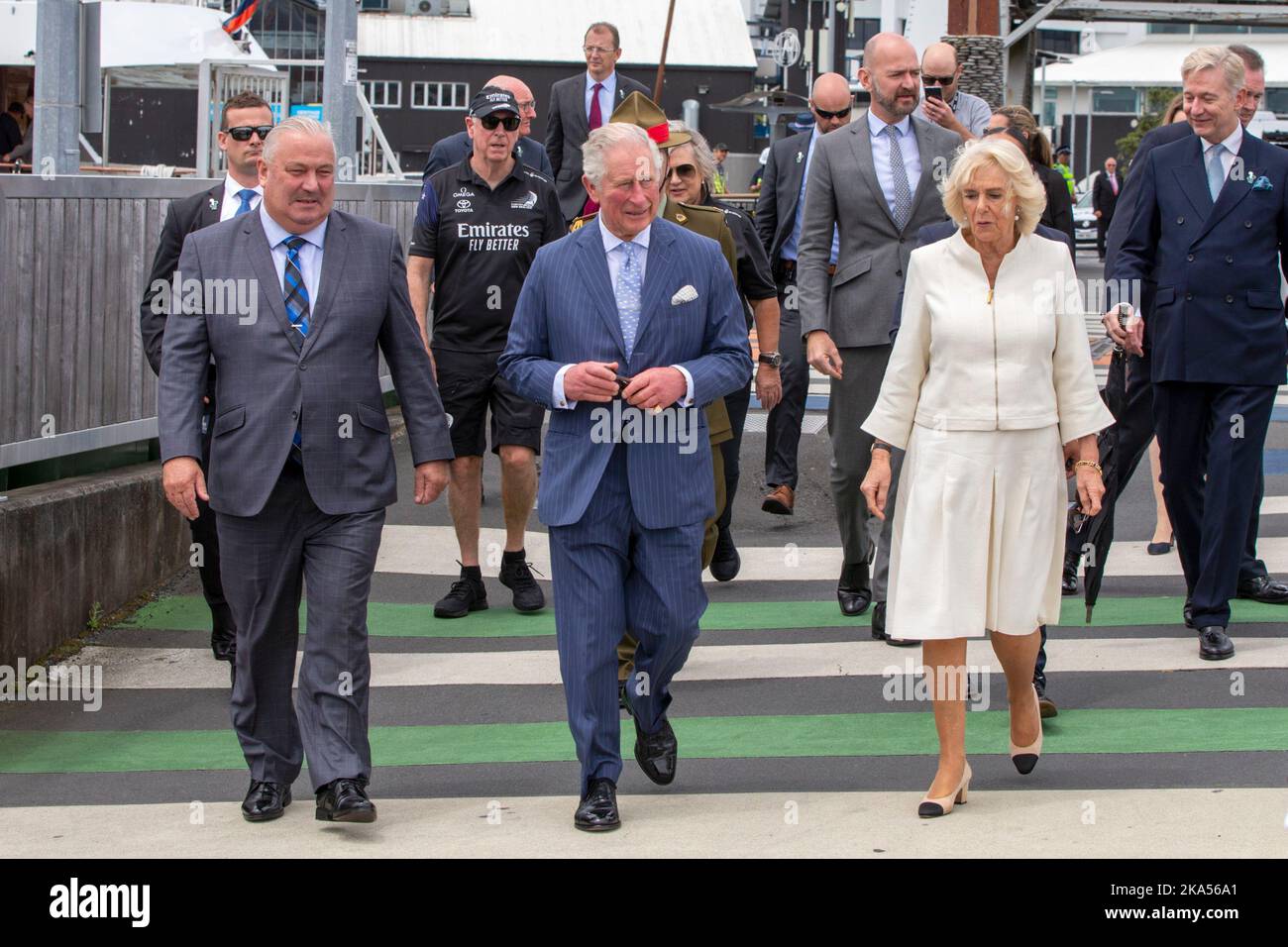Prince Charles is met by Bill Cashmore, Deputy Mayor of Auckland, left, before he and Camilla, Duchess of Cornwall take part in a public walkabout Stock Photo