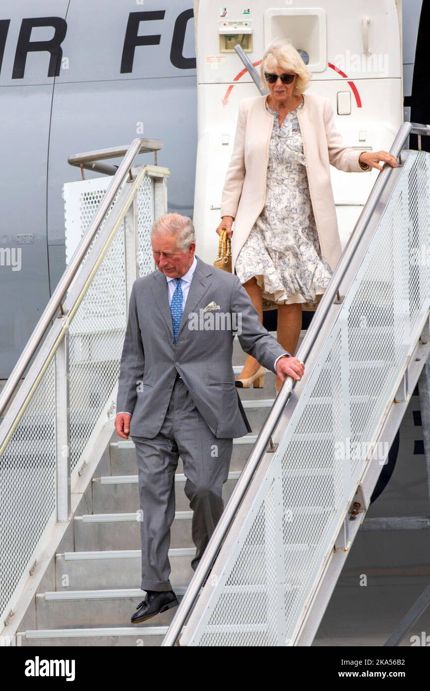 Prince Charles and Camilla, Duchess of Cornwall arrive at RNZAF Base Auckland at Whenuapai for their royal visit to New Zealand in Auckland, Stock Photo