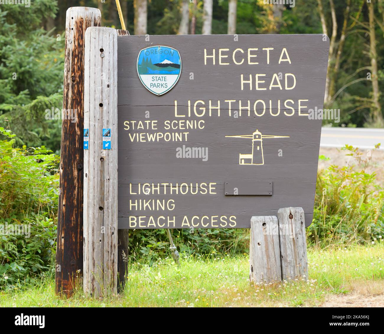 Florence, OR, USA - September 18, 2022; Oregon State Parks sign for Heceta Head Lighthouse on the Oregon Coast Stock Photo