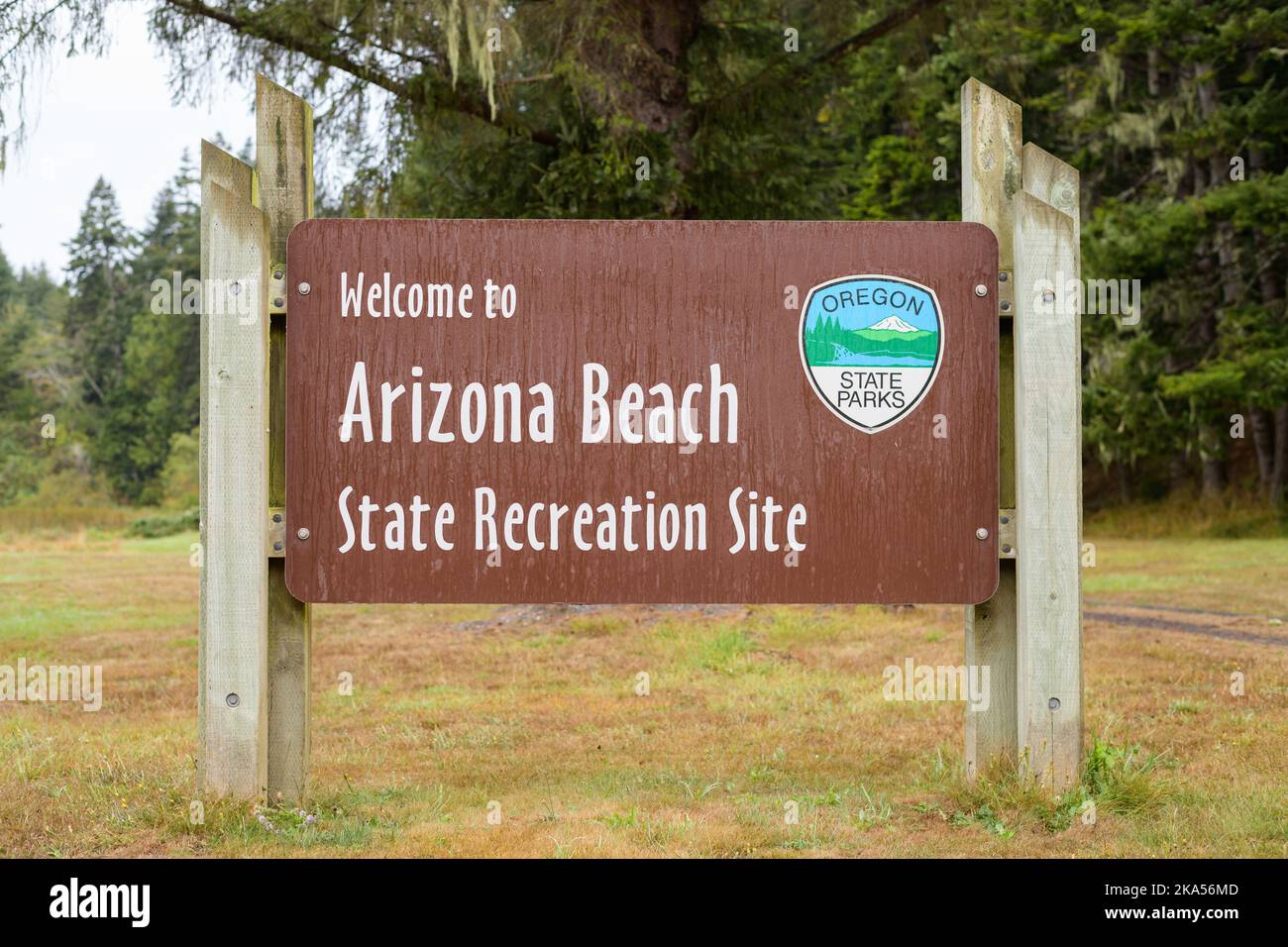 Port Orford, OR, USA - September 18, 2022; Sign for Arizona Beach State Recreation Site on the Oregon Coast Stock Photo