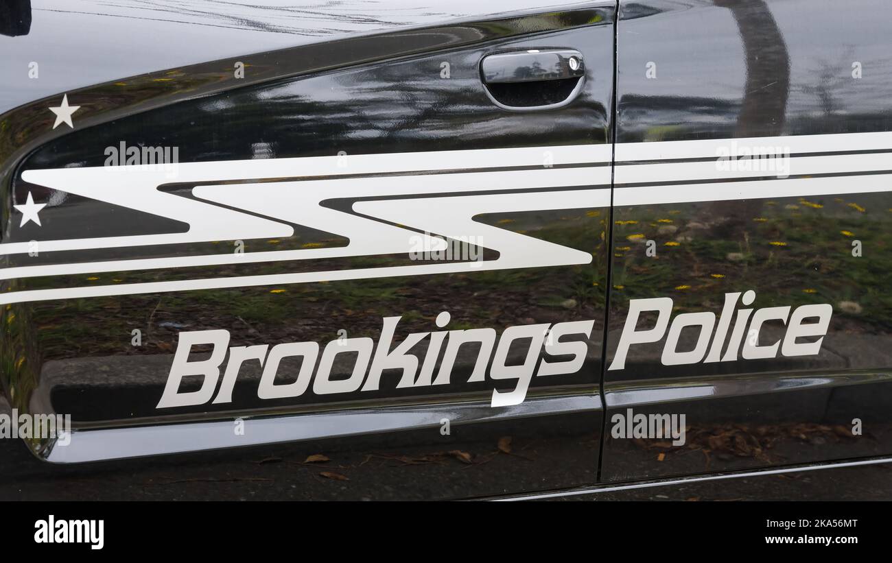 Brookings, OR, USA - September 17, 2022; Name on door of squad car for Brookings Police in Southern Oregon Stock Photo