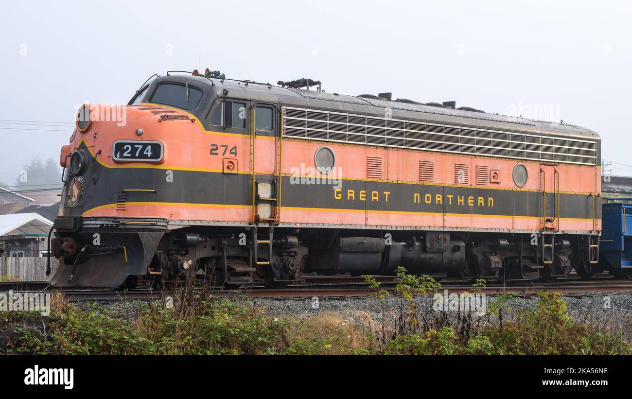 Garibaldi, OR, USA - September 21, 2022; Oregon Coast Scenic Railroad locomotive 274 parked at Garibaldi in Great Northern livery Stock Photo