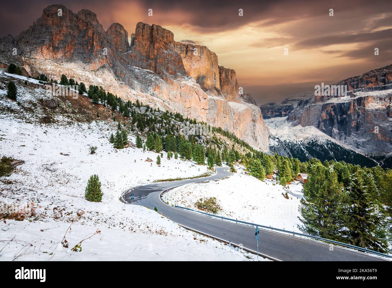 Sella Pass, Italy. Breathtaking snowy scenics Dolomite Alps, with mount Sella Towers, landscape of Sudtirol, Trentino Alto-Adige italian region. Stock Photo