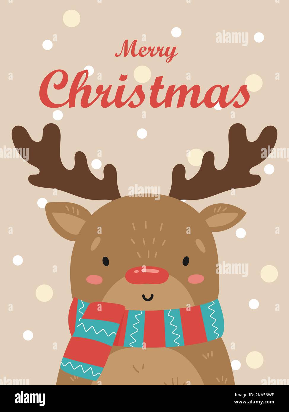 Illustration of a cute deer with a red nose in a striped scarf. Vector ...