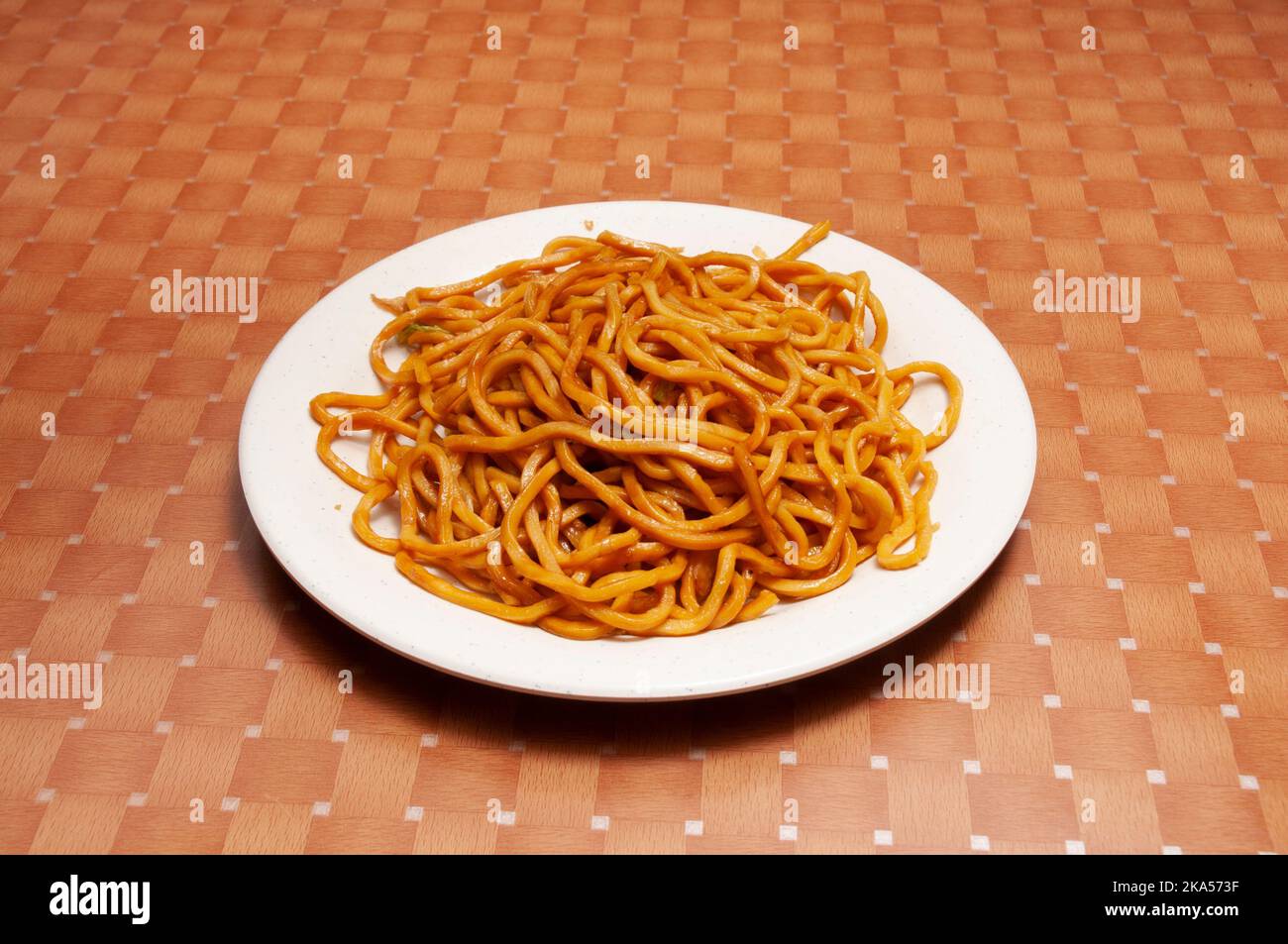 Delicious Chinese dish known as Lo Mein Noodles. Stock Photo