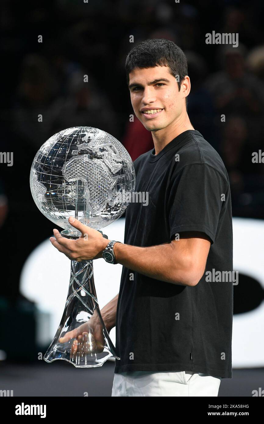 Paris, France. October 31, 2022, Carlos Alcaraz receives number one trophy  during the Rolex Paris Masters, ATP Masters 1000 tennis tournament, on  October 31, 2022 at Accor Arena in Paris, France. Photo