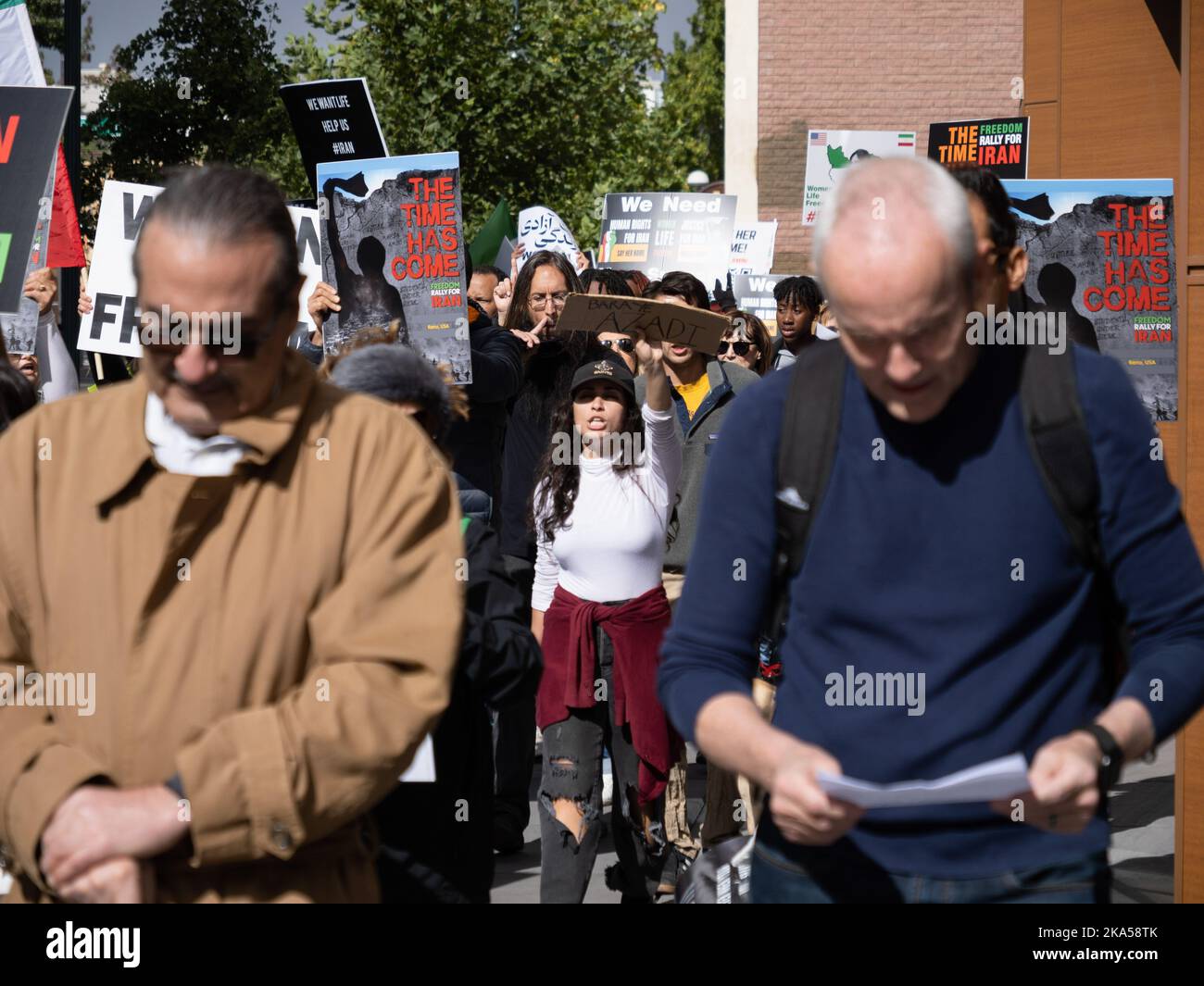 Reno, United States. 22nd Oct, 2022. Dozens of protesters march from the University of Nevada to downtown decrying the Iranian government and the death of Masha Amini. Starting at the University of Nevada, hundreds of Reno's more than 2,000 Iranian Americans marched through downtown Reno calling for the end of what they said was Iranís oppressive, religious regime.Masha Amini was a central figure in the demonstrations. Amini was abducted by Iran's morality police and allegedly was murdered while in the custody of the Iranian government. Credit: SOPA Images Limited/Alamy Live News Stock Photo