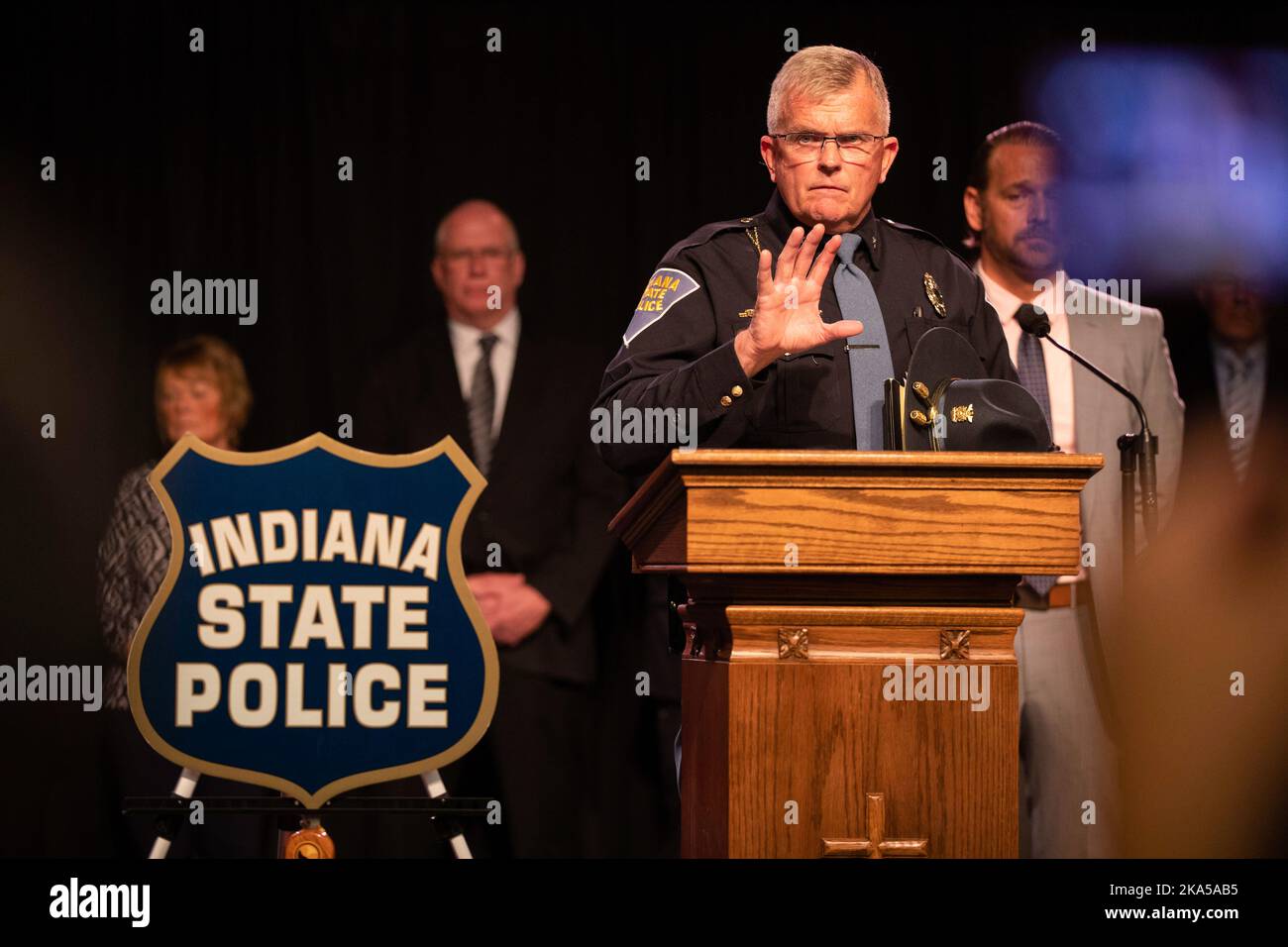 Bloomington, United States. 31st Oct, 2022. Indiana State Police Superintendent Doug Carter (L) and Carroll County Prosecutor Nicholas McLeland (R) answer questions during a press release to announce that Richard M. Allen, of Delphi, has been arrested in the murder case of Abby Williams and Libby German in Delphi. A Delphi, Indiana, man, Richard Allen, has been arrested for the 2017 murders of eighth graders Abby Williams, 13, and Libby German, 14, Indiana State Police Superintendent Doug Carter announced at a press conference. Credit: SOPA Images Limited/Alamy Live News Stock Photo