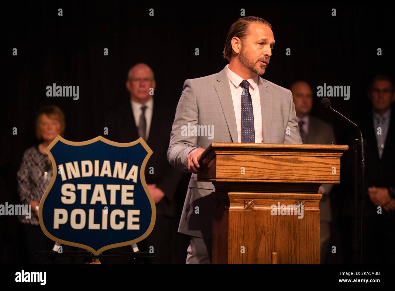 Bloomington, United States. 31st Oct, 2022. Carroll County Prosecutor Nicholas McLeland speaks questions during a press release to announce that Richard M. Allen, of Delphi, has been arrested in the murder case of Abby Williams and Libby German in Delphi. A Delphi, Indiana, man, Richard Allen, has been arrested for the 2017 murders of eighth graders Abby Williams, 13, and Libby German, 14, Indiana State Police Superintendent Doug Carter announced at a press conference. Credit: SOPA Images Limited/Alamy Live News Stock Photo