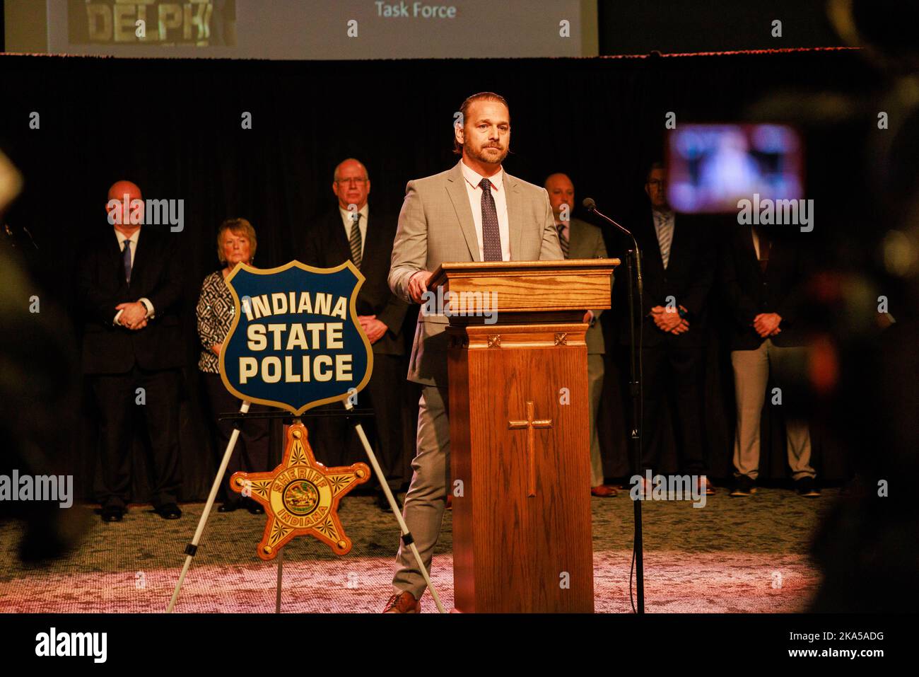 Bloomington, United States. 31st Oct, 2022. Carroll County Prosecutor Nicholas McLeland answers questions during a press release to announce that Richard M. Allen, of Delphi, has been arrested in the murder case of Abby Williams and Libby German in Delphi. A Delphi, Indiana, man, Richard Allen, has been arrested for the 2017 murders of eighth graders Abby Williams, 13, and Libby German, 14, Indiana State Police Superintendent Doug Carter announced at a press conference. Credit: SOPA Images Limited/Alamy Live News Stock Photo