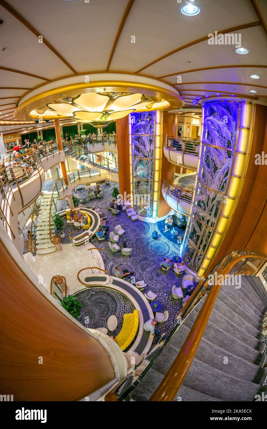 Wide angle view of main lobby of cruise ship. Stock Photo
