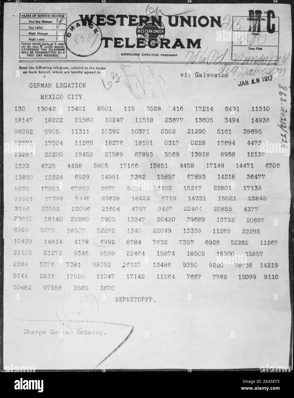 The Zimmermann Telegram as it was sent from Washington, DC, to Ambassador Heinrich von Eckardt, the German ambassador to Mexico. This explosive message announced the opening of unrestricted submarine warfare and offered Mexico land in Texas, Arizona and New Mexico in return for Mexican participation against the USA in WW1. Stock Photo