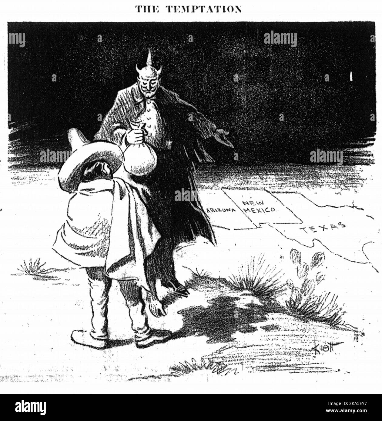 A political cartoon from Dallas Morning News 2 March 1917. Iy shows the devil dressed as a German offering 3 southwestern states to Mexico if it joins a war against USA. This was published in response the explosive Zimmerman telegram, is which Germany offered Mexico land in Arizona, Texas and New Mexico in return for Mexican help in a war against the USA during WW1 Stock Photo