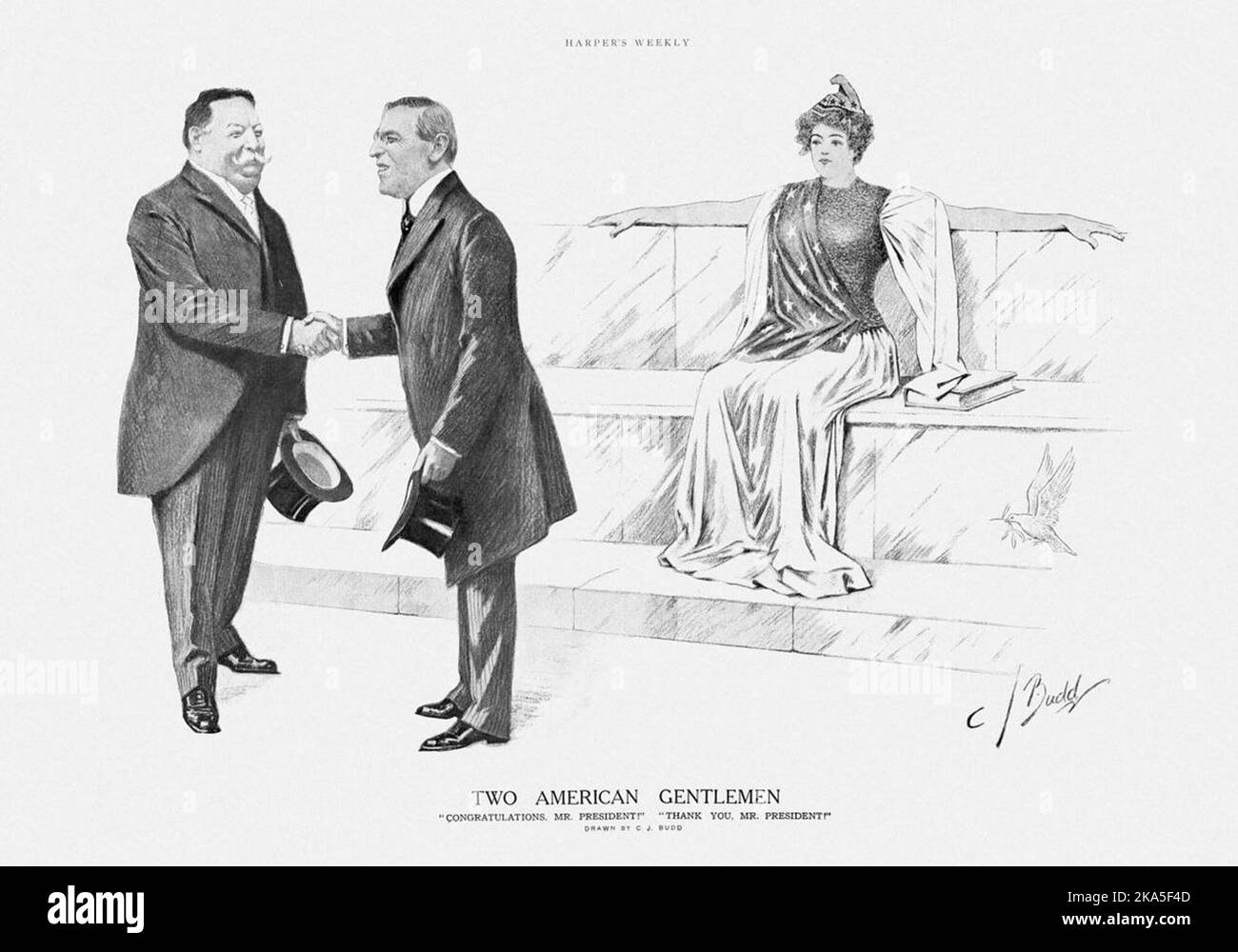 “Two American Gentlemen”, a political cartoon celebrating the peaceful transition of power. It portrays Wilson and outgoing president William Howard Taft shaking hands as Columbia, a national personification of the United States, watches them Stock Photo