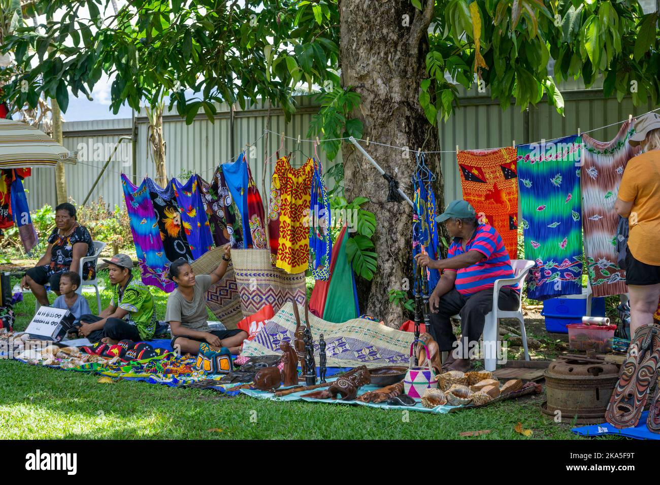 Stall holders selling and displaying various handmade crafts Alotau Cultural Festival, Alotau, Milne Bay Province, Papua New Guinea Stock Photo