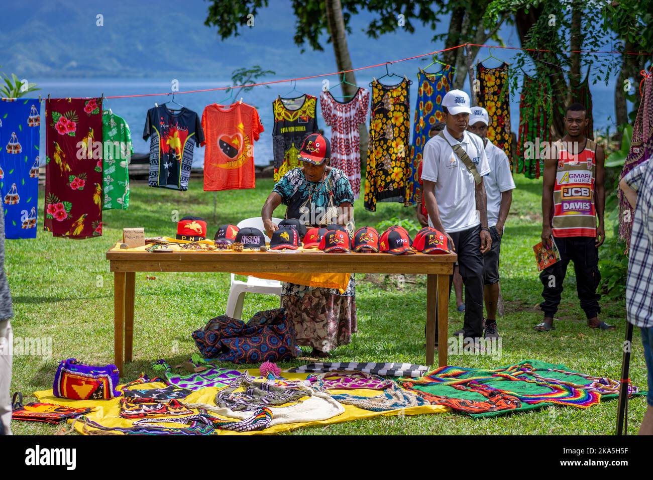 Stall holders selling and displaying various handmade crafts Alotau Cultural Festival, Alotau, Milne Bay Province, Papua New Guinea Stock Photo