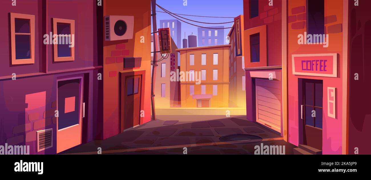 Quiet city street corner, sunset or sunrise urban cityscape background with buildings back exit doors, windows, old walls and view on central illuminated road, Cartoon vector game or book illustration Stock Vector