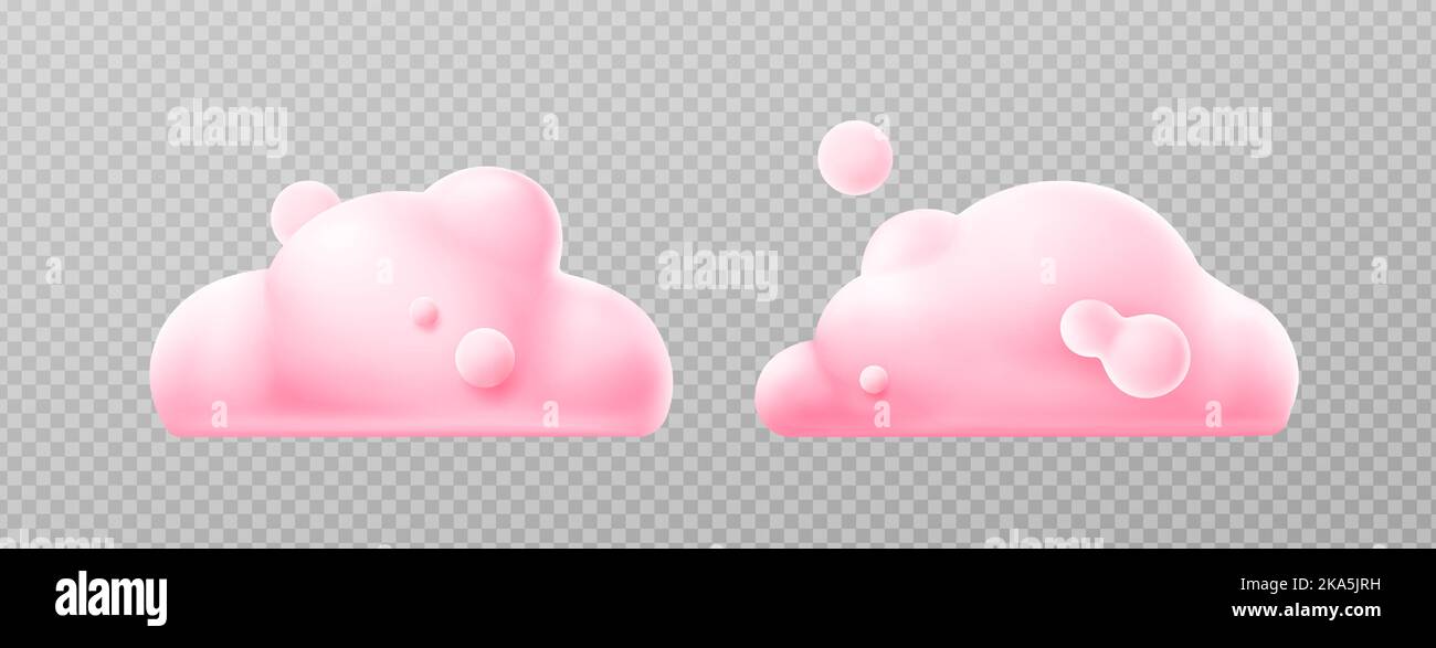 3d render pink clouds, fluffy spindrift or cumulus eddies. Flying weather and nature design elements balloons isolated on transparent background, illustration in cartoon plastic style, icons set Stock Vector
