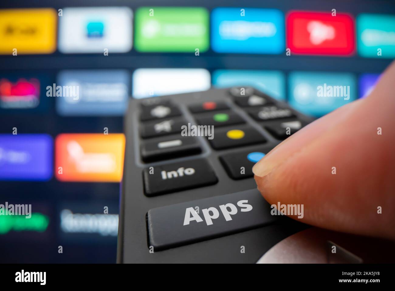 Wide angle macro shot of running the app on a smart TV Stock Photo