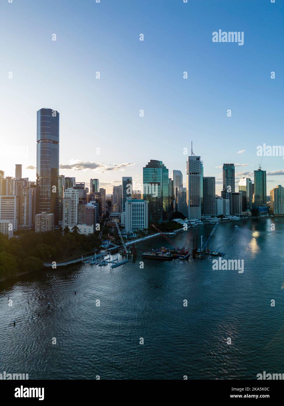 Aerial vertical view of Brisbane city in Australia at sunset Stock Photo
