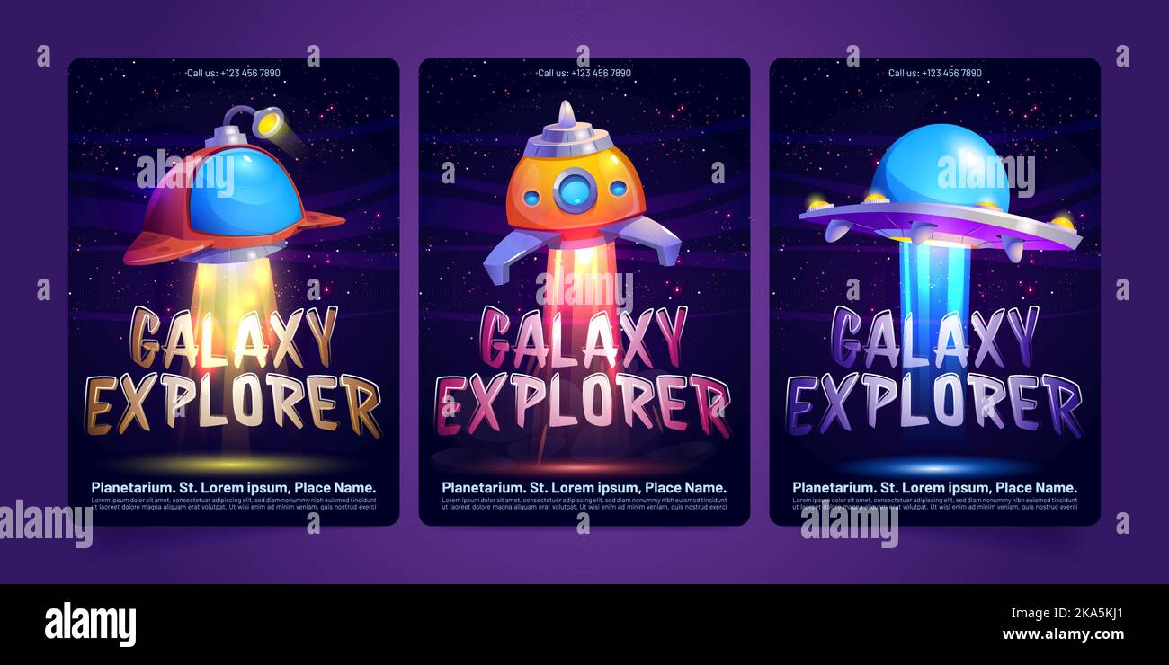 Galaxy explorer posters with futuristic rockets and spaceships flying in outer space with stars. Planetarium, astronomy education banners with shuttles, vector cartoon illustration Stock Vector