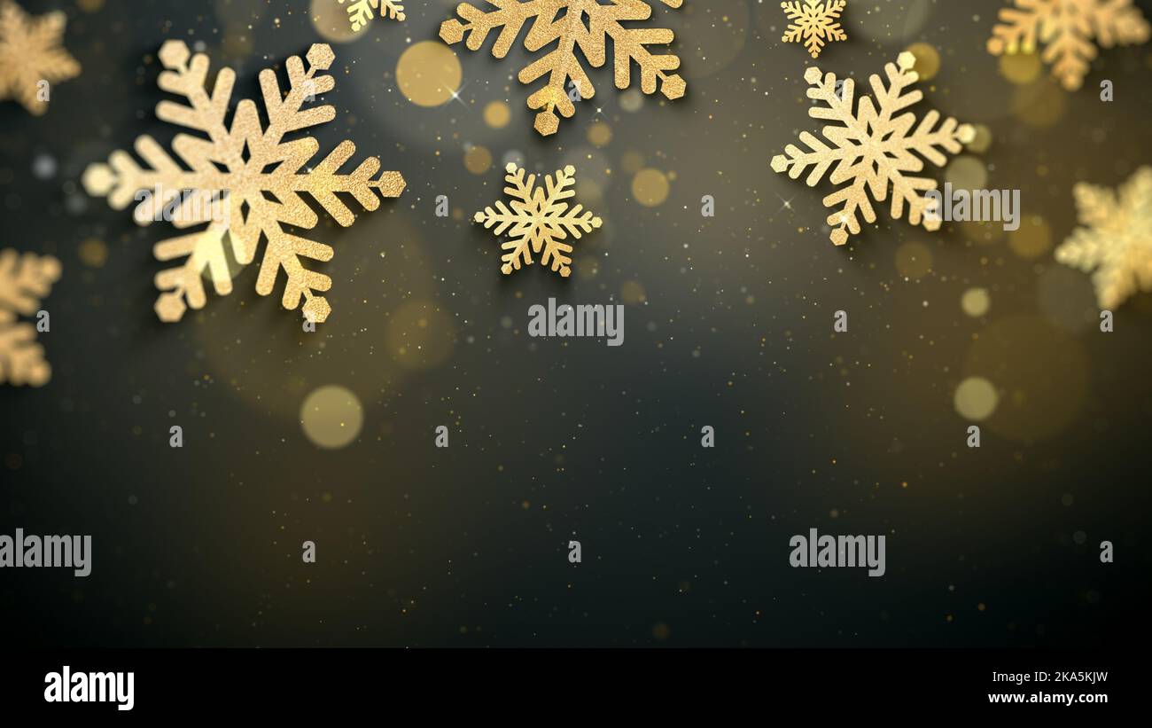 Gold snowflakes christmas elegant background with copy space. Stock Photo