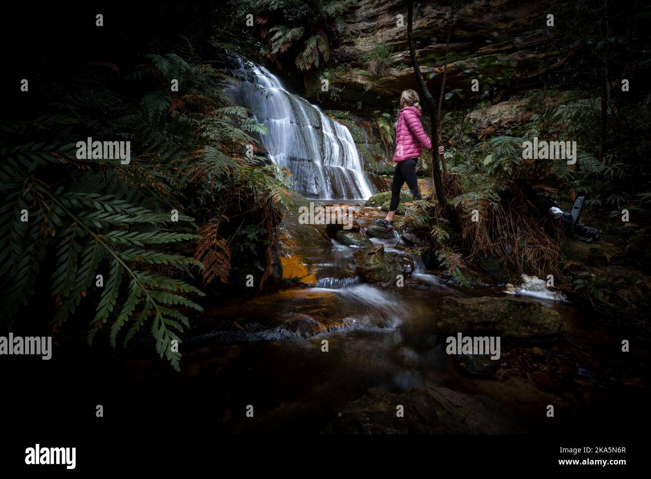 Paradise waterfall and small rock pool iat its base in the Blue Mountains of Australia Stock Photo