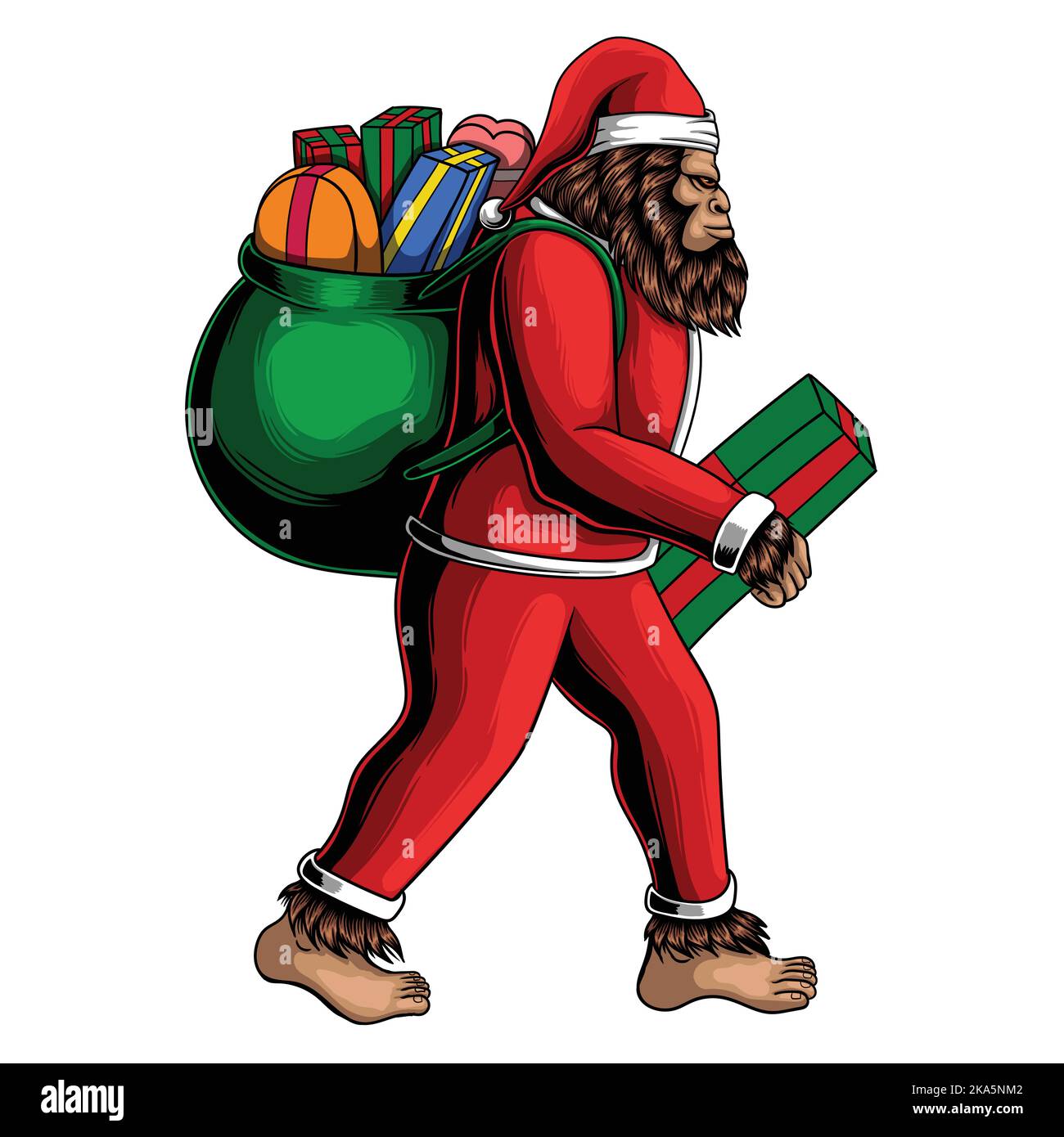 Bigfoot walking costume santa carry box gift bag vector illustration