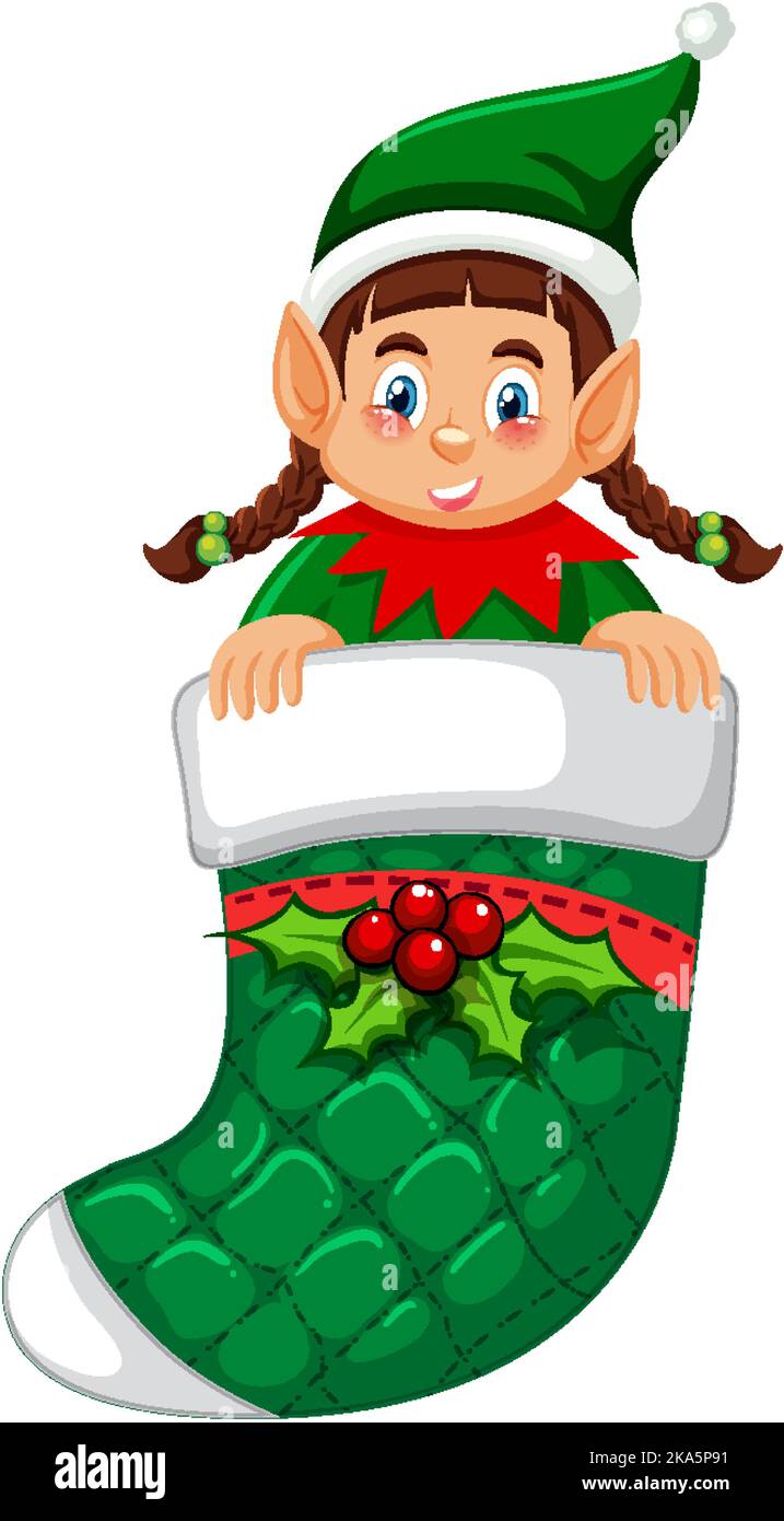 Elf in Christmas sock cartoon character illustration Stock Vector Image