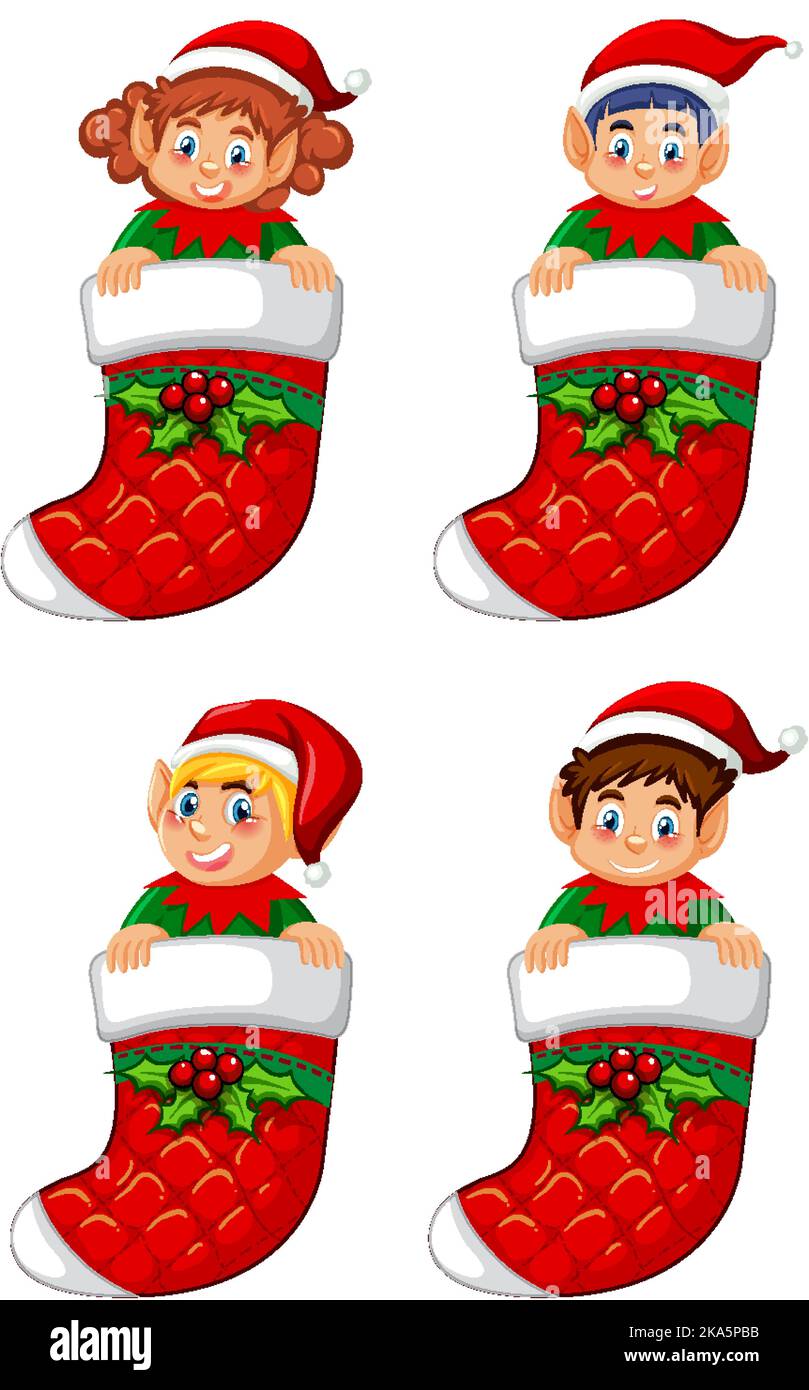 Elf in Christmas sock cartoon character illustration Stock Vector Image