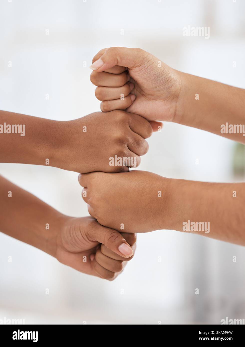 Team building, support and hands of business people with motivation, collaboration and community for work. Teamwork, success and fist of employees Stock Photo