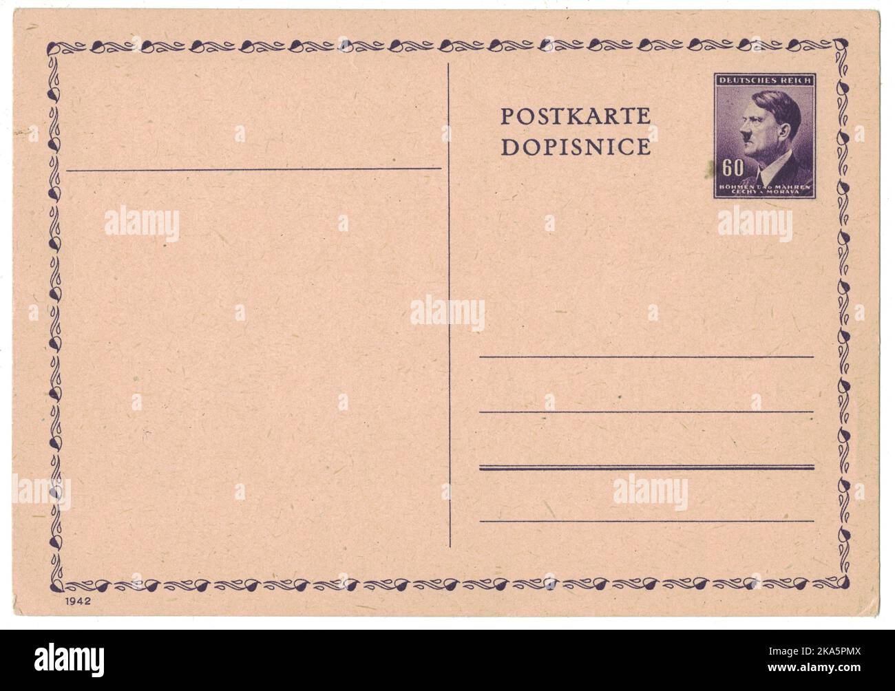 GERMANY (PROTECTORATE OF BOHEMIA AND MORAVIA)  - CIRCA 1942: Old postal card with printed post stamp shows portrait of Adolf Hitler (politician, leader of Nazi Party, dictator, veteran of World War),  violet, circa 1942 Stock Photo