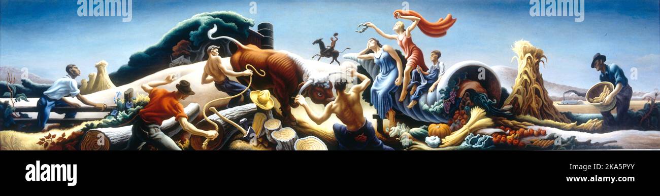 thomas hart benton achelous and hercules 1947 mural painting depicts a bluejeans wearing heracles wrestling with the horns of a bull 2KA5PYY